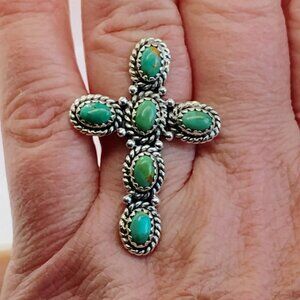 Southwest Sterling Silver Turquoise Cross Ring Adjustable Size 9 Unisex